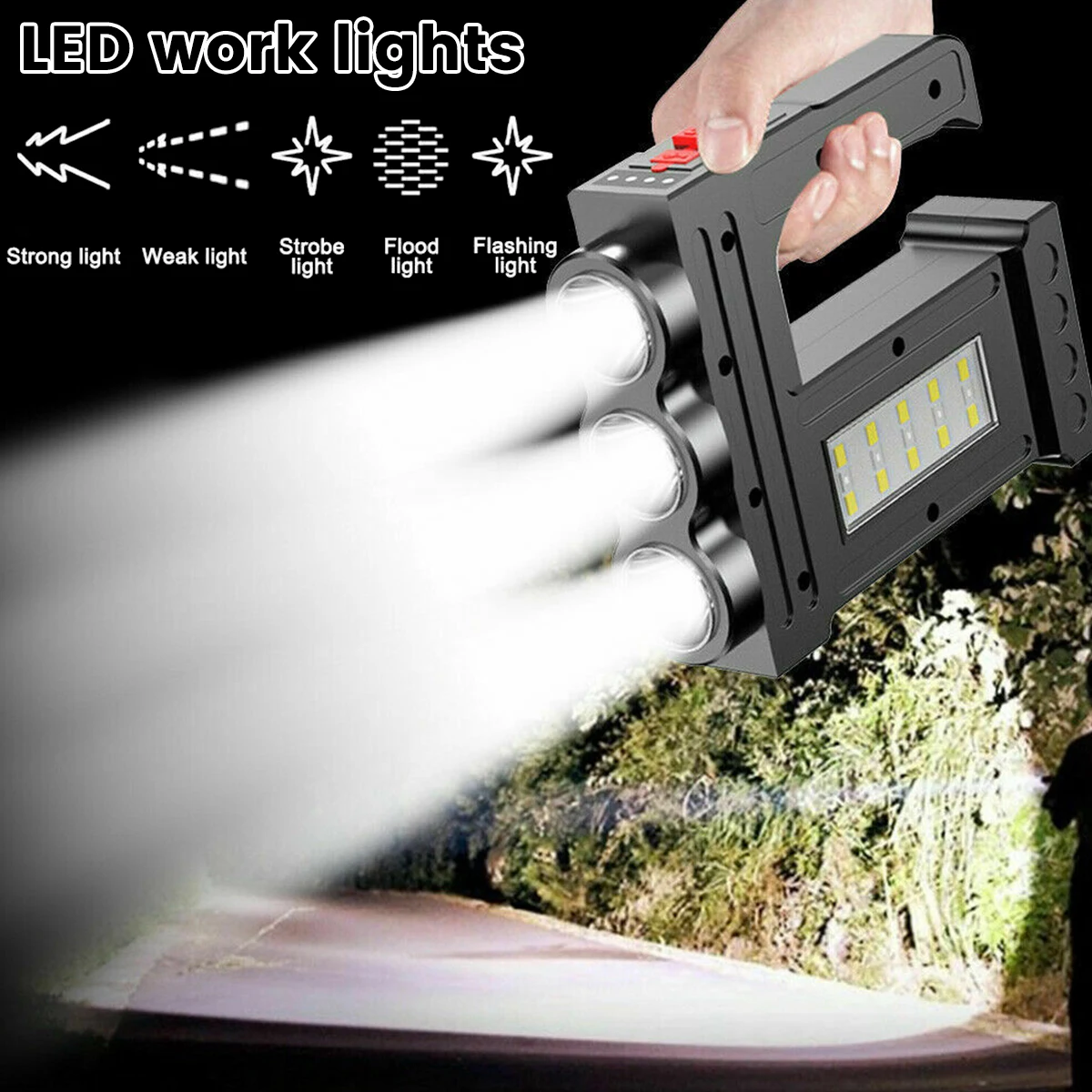 

LED Searchlight with 3 LEDs and 15pcs SMDS Super Bright Spotlight with 1200mAh Battery USB Rechargeable LED Flashlight with