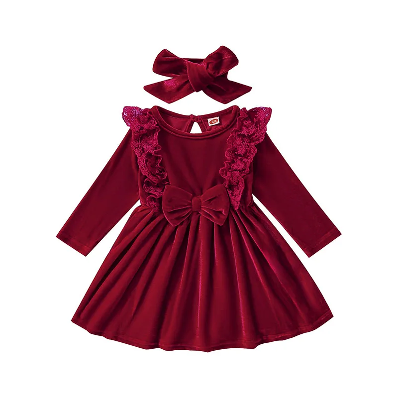 

Autumn Toddler Baby Girls Dress Toddler Lovely Long Sleeve Ruffle A-line Velvet Princess Dresses For New Year Clothes 0-2T