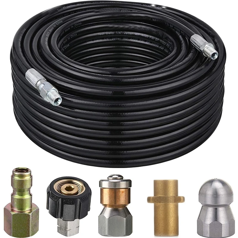 

15M,30M,Tool Daily Sewer Jetter Kit For karcher Pressure Washer, 1/4" NPT x 100' Hose, Button Nose Sewer Jetting Nozzle，4000 PSI