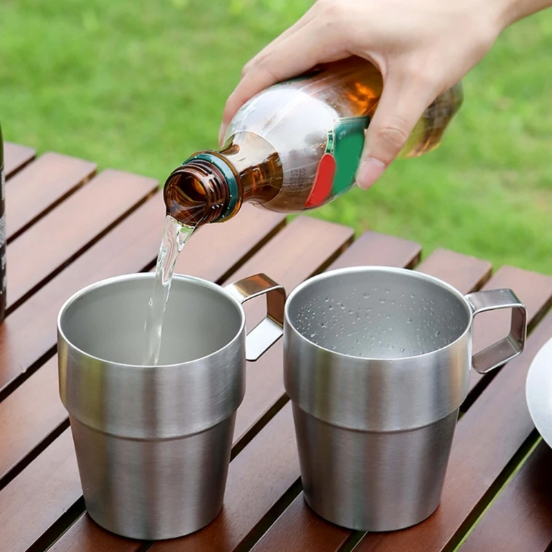 

F1FD 4 Pcs Stainless Steel Camping Cups Stackable Metal Drinking Glasses Cups Outdoor Antiscalding Coffee Cup with Holder