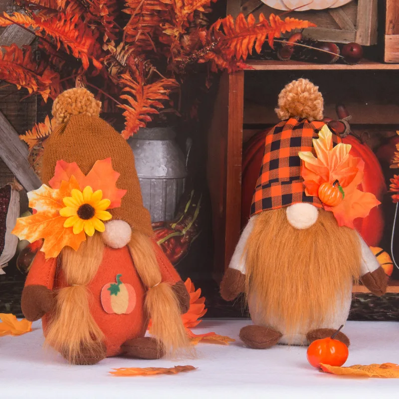 

Fall Decoration Harvest Thanksgiving Decorations Gnomes Plush Elf Dwarf Doll Figurine with Pumpkin Autumn Maple Leaves
