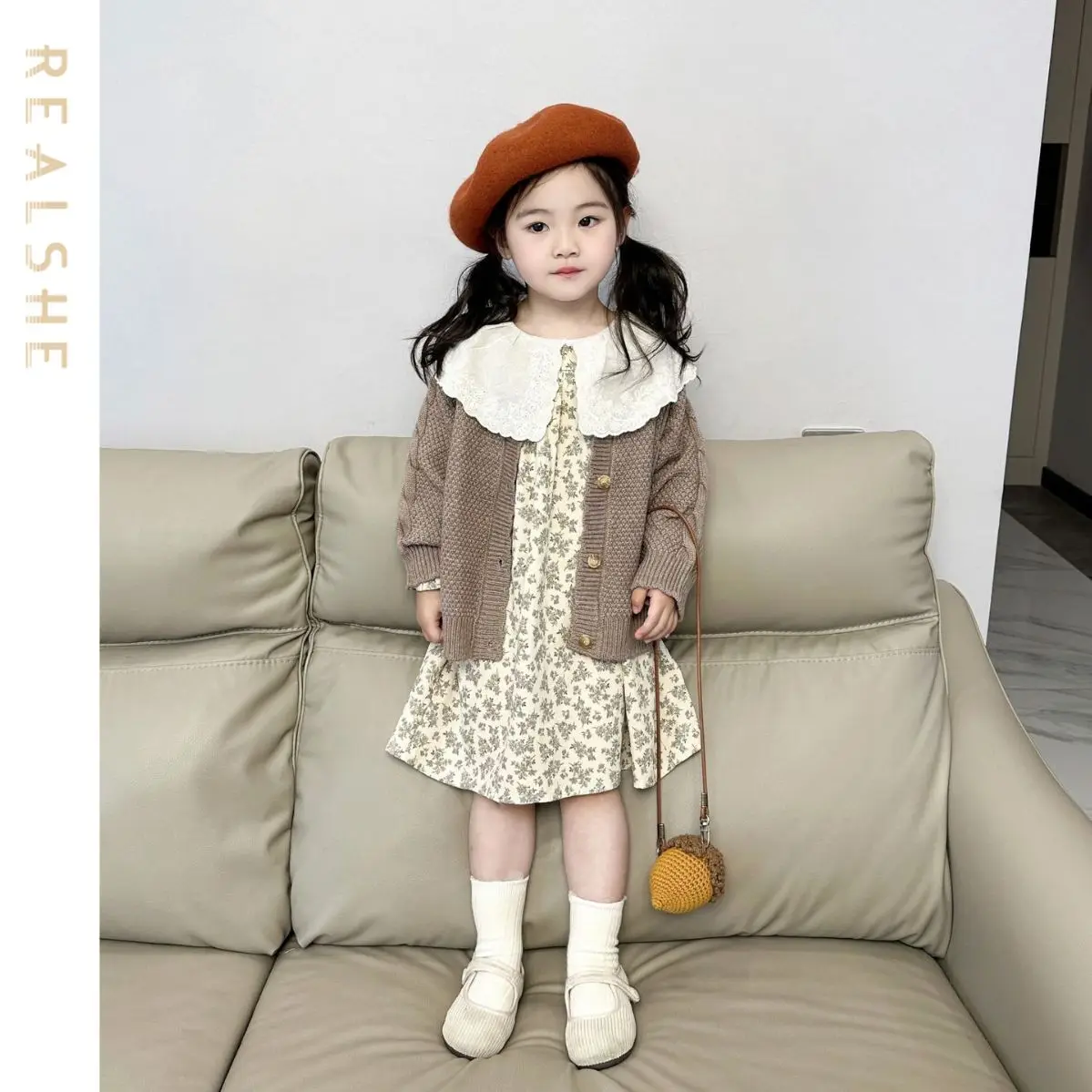 

Baby Girls Dresses Autumn Children 2pcs Set Kids Solid Knitting Cardigan Princess Dress 2-7Years Girls Casual Loose Dress Suit