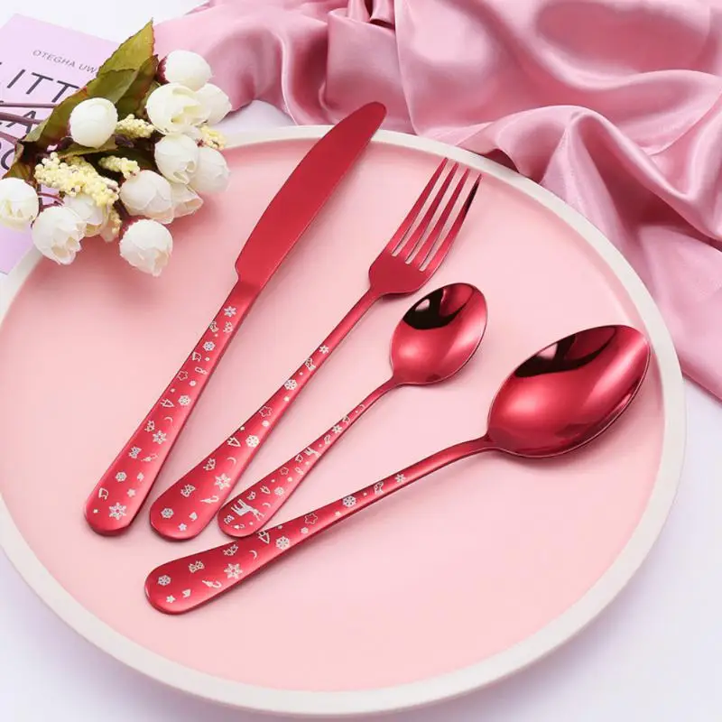 

Set Fork Knife High Flatware Food Cutlery Christmas Steel Green Dinnerware Quality Kitchen /set Stainless Spoon Red