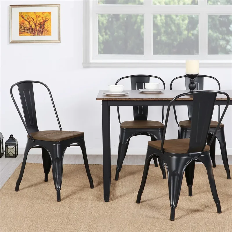 

Alden Design Metal Stackable Dining Chairs with Wooden Seat, Set of 4, Black dinning chair