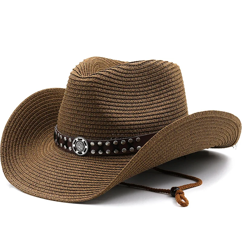 Western New Paper Design Natural Cowboy Hat Wide Brim Women Men Summer Beach Straw Hats Panama Cowgirl Jazz Sun Caps