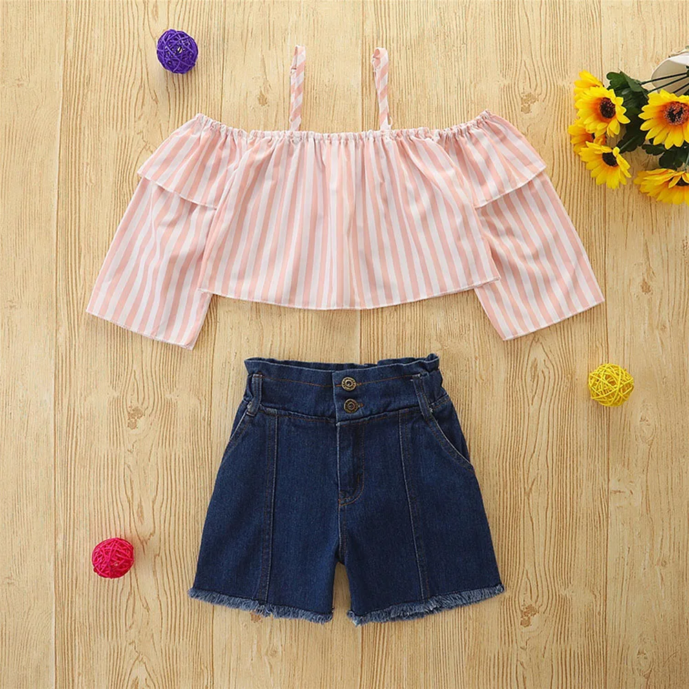 

Children Baby Girls Slash Neck Short Sleeve Strip Tops Denim Shorts 2Piece Outfits Set Summer Fashion Soft Kids Young Clothing
