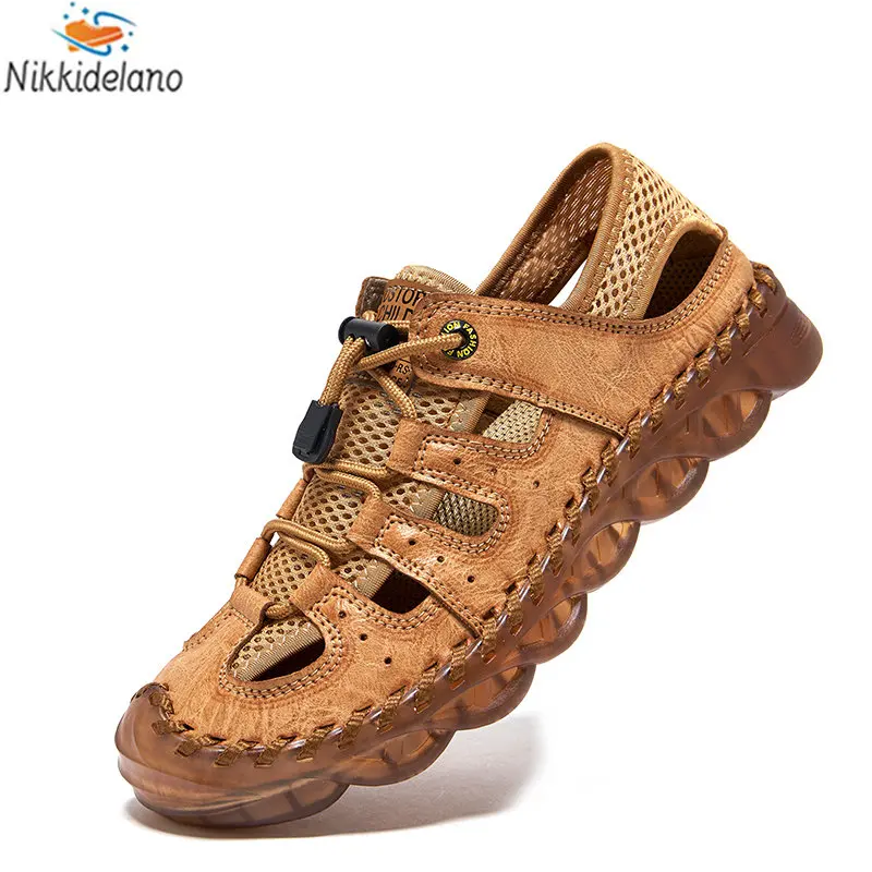 

Men's Mesh Soft Comfortable Sandals Male Sneakers Genuine Leather Shoes for Men Summer 2023 Fashion Sandals Slides Plus Size