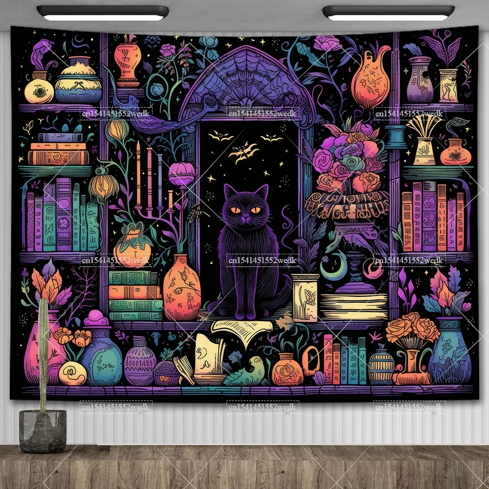 Библиотечный гобелен с черным котом настенный оккультный ведьминский алтарь