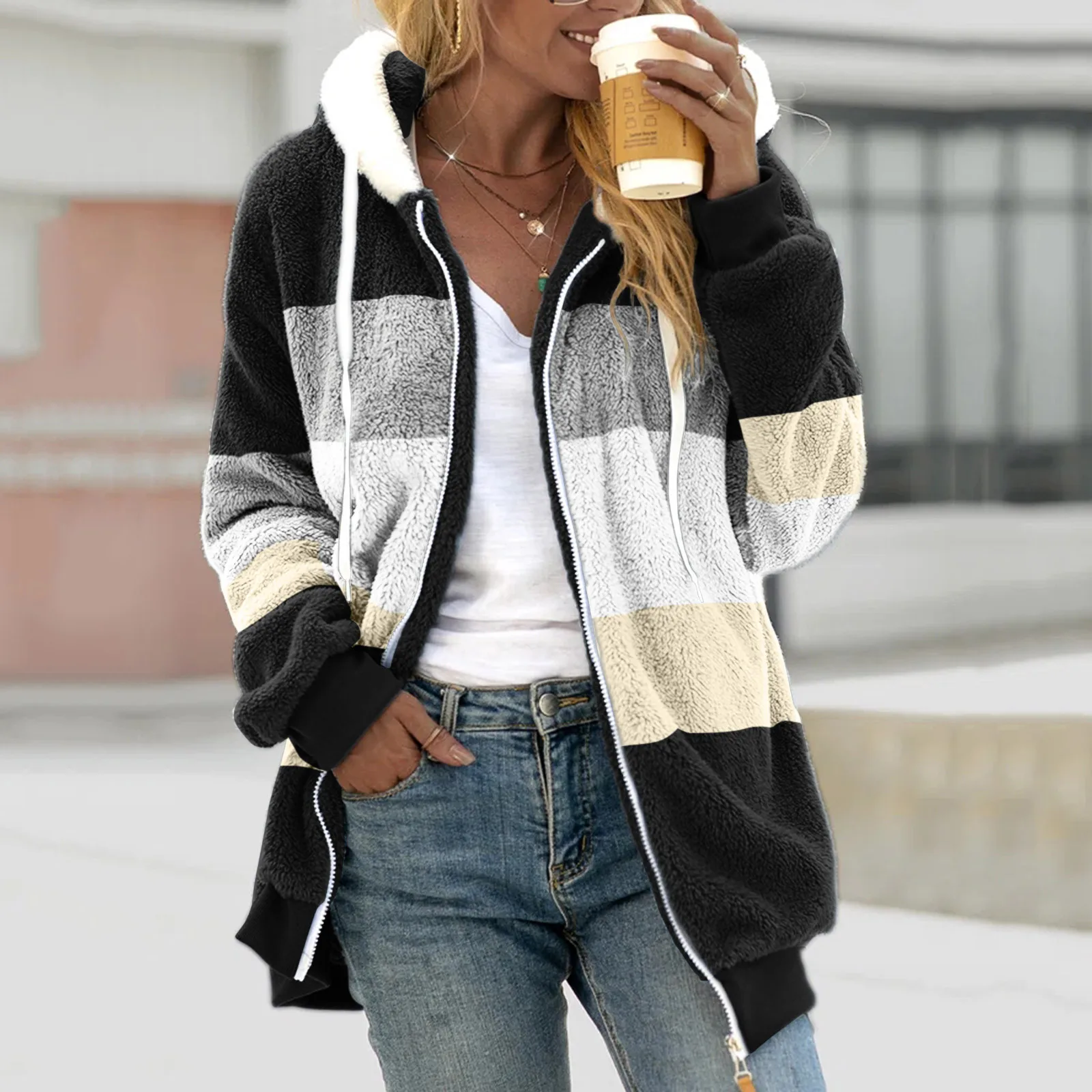 

Autumn Winter Women Color Splicing Jacket Warm Plush Zipper Hoodie Sweatshirt With Pockets Casual Loose Coat Female Oversize