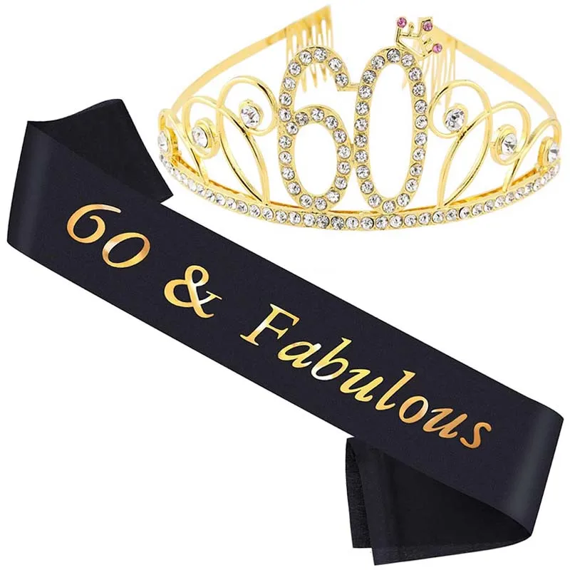 

Gold 16 18 21th Birthday Crown Sash for Women Girl Black 30 40 50 60 80& Fabulous Sashes Tiara Ribbons Band Scarf Party Decor