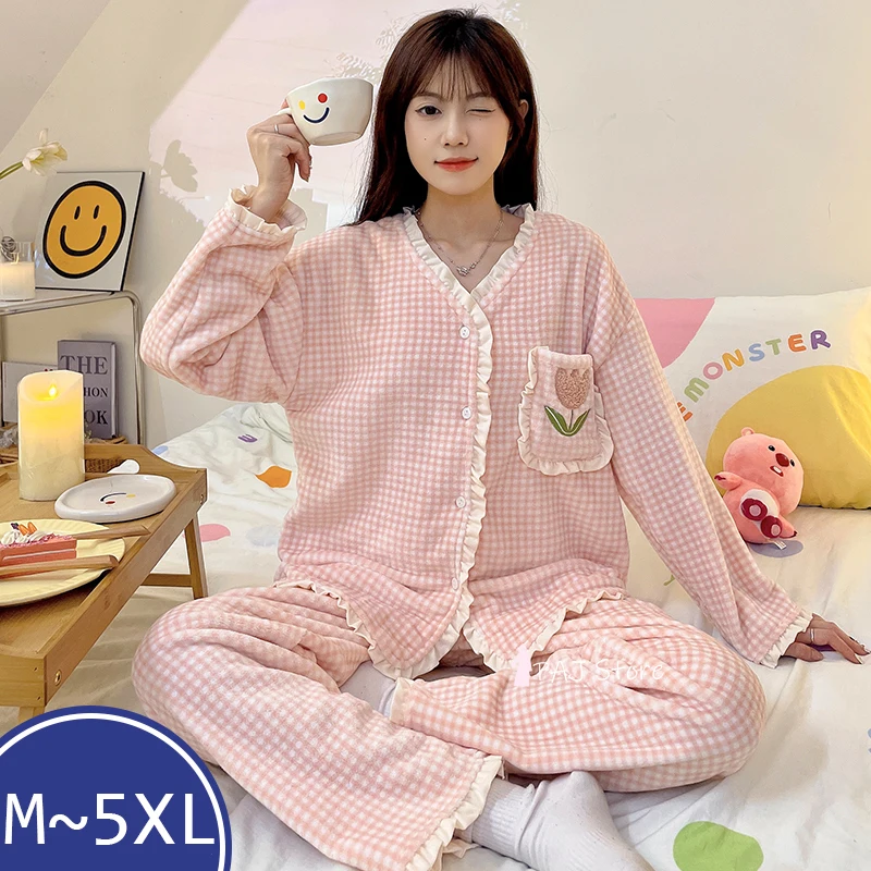 

Women's Pajamas Set Winter Warm Sleepwear Night Outfit Flannel Pajama Thick Nightwear Long Sleeve Plus Size M-5XL Pijama Sets