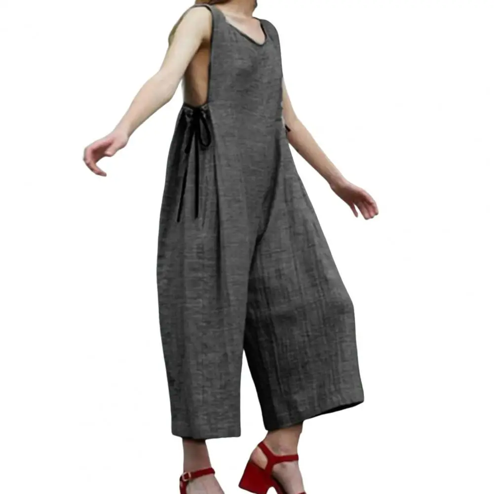 

Summer Women Jumpsuit 2023 O-neck Wide Leg Solid Color Lace Up Loose Sleeveless Casual Jumpsuit Female Clothes Beach Romper