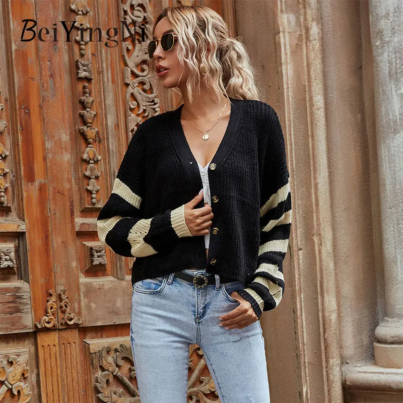 

Beiyingni 2022 V-neck Women's Cardigan Striped Spell Color Single-breasted Black Knitting Short Female Sweater Loose Casual Tops