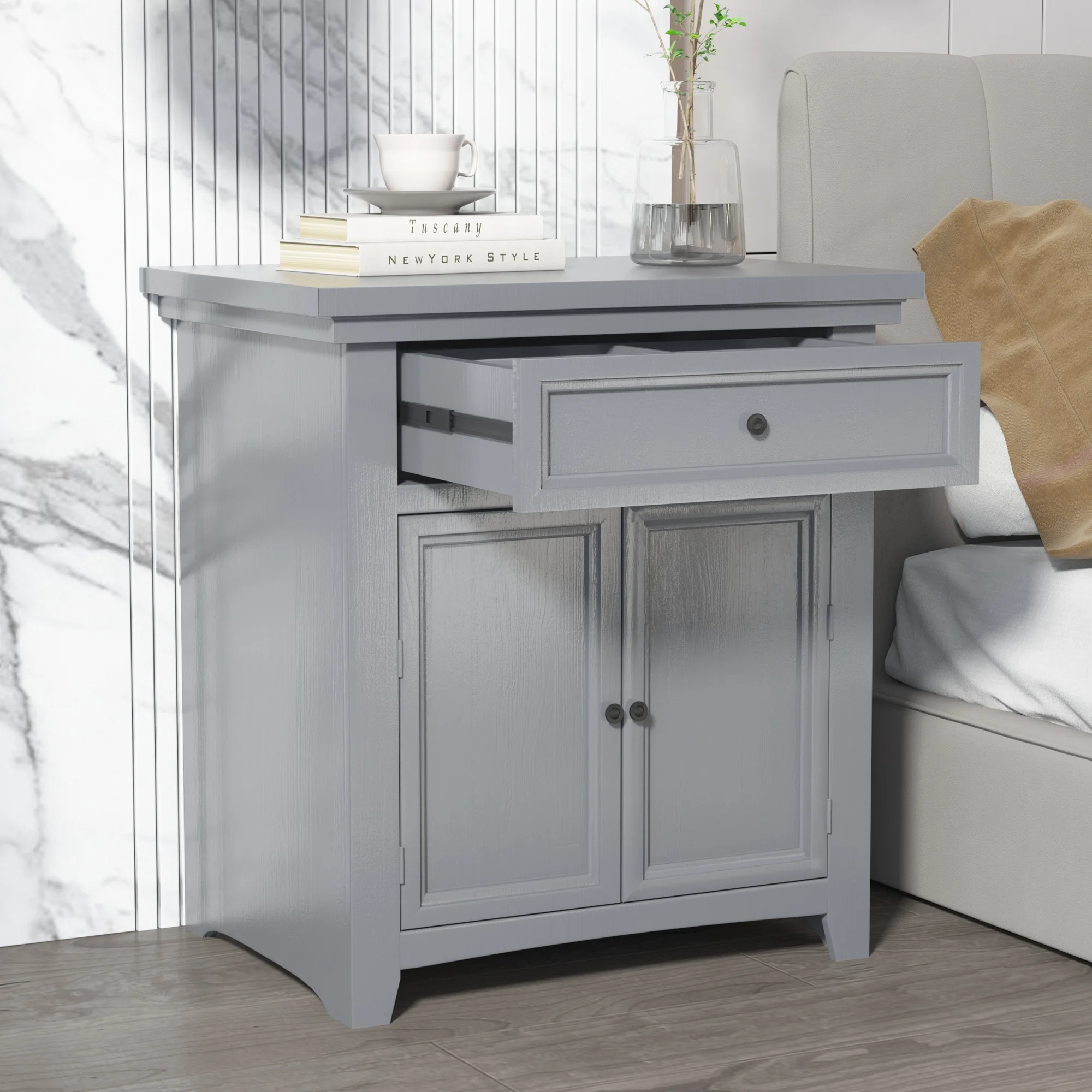 

Modern Nightstand with Slide Drawer and Flip Cabinet，Gray