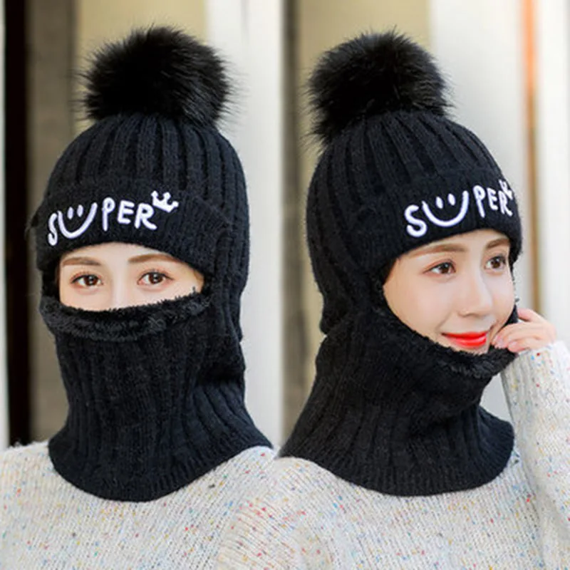 

2021 Korean Hat Women's Winter Fleece-Lined Thickened Knitting Woolen Cap Mask Warm Cycling Pullover Scarf Integrated Cap