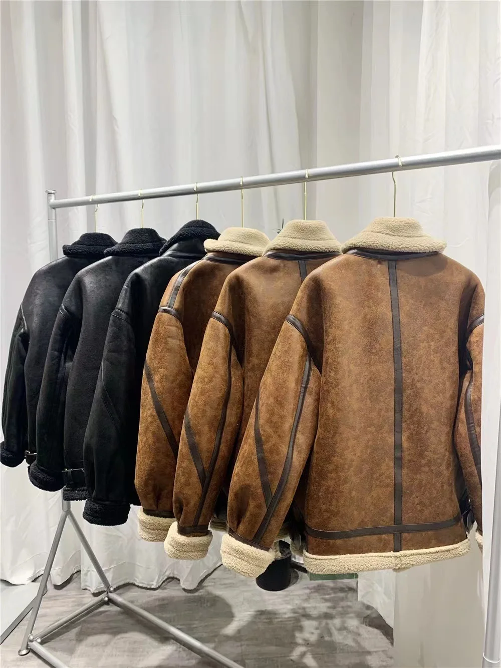 Women Faux Leather Fur Coats Sheep Leather Shearling Thicken Jacket Lady Fashion Long Sleeve Zipped Outerwear Winter Warm Coat