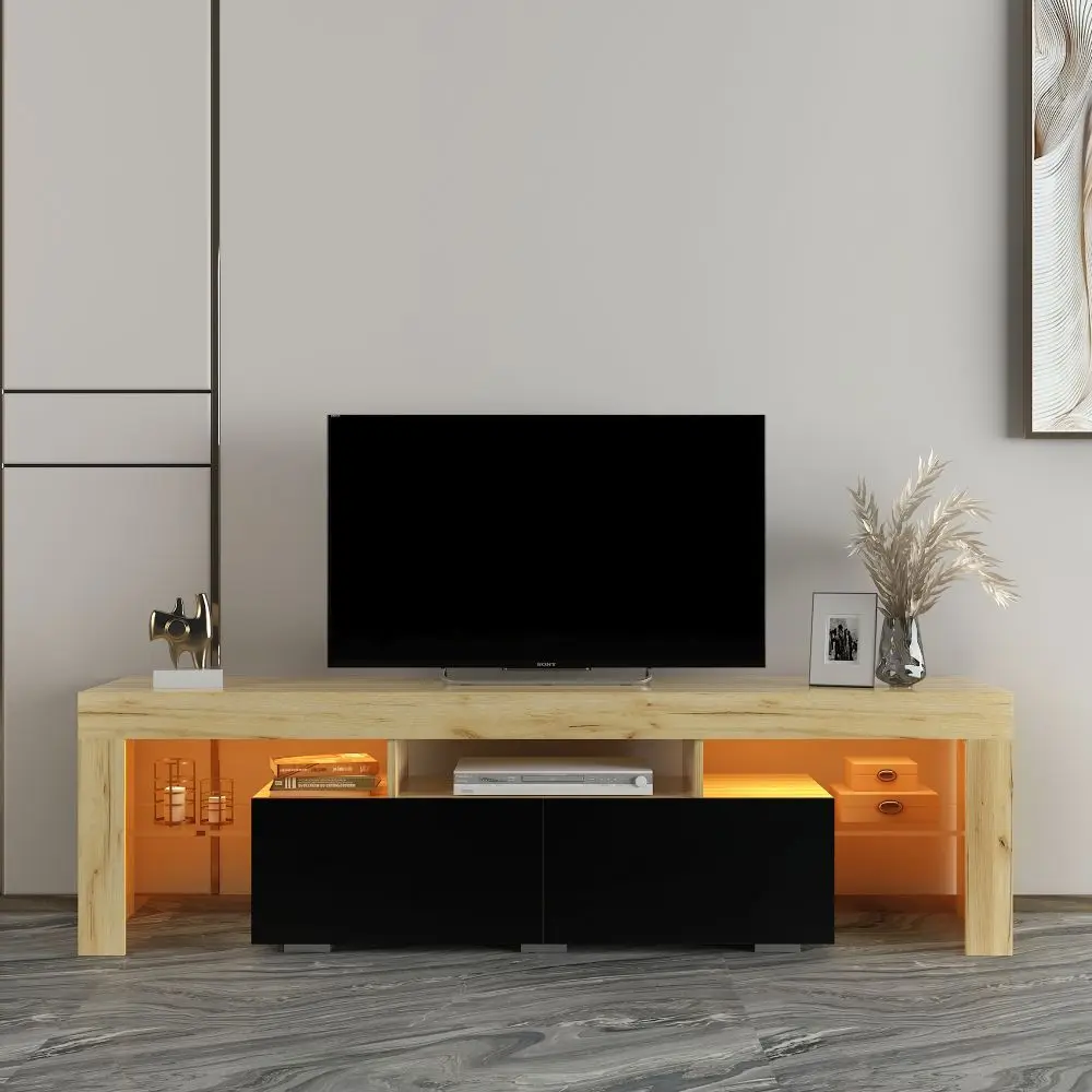 

TV Stand with LED RGB Lights, Flat Screen TV Cabinet, Gaming Consoles - in Lounge Room, Living Room, WOOD