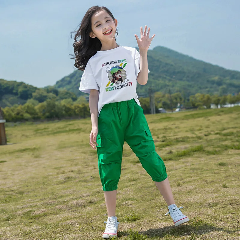 2 pezzi 2022 estate ragazze adolescenti vestiti ritratto t-shirt tuta verde pantaloni corti capri tuta Casual bambino 8 10 12 14 anni