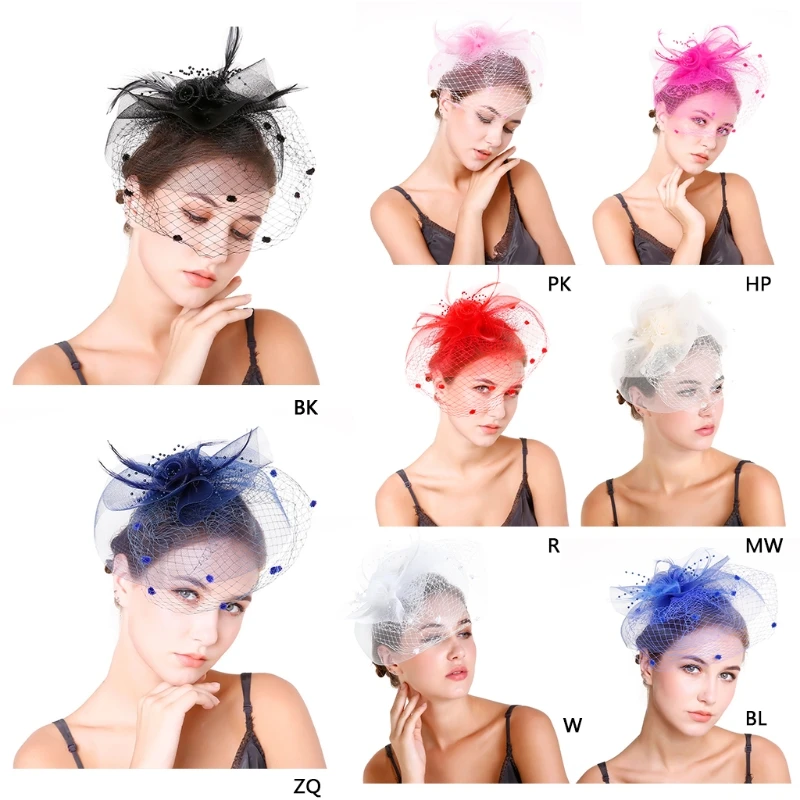 

Womens Bridal Party Fascinator Feather Beads Hair Clip Flower Veil Wedding Decor