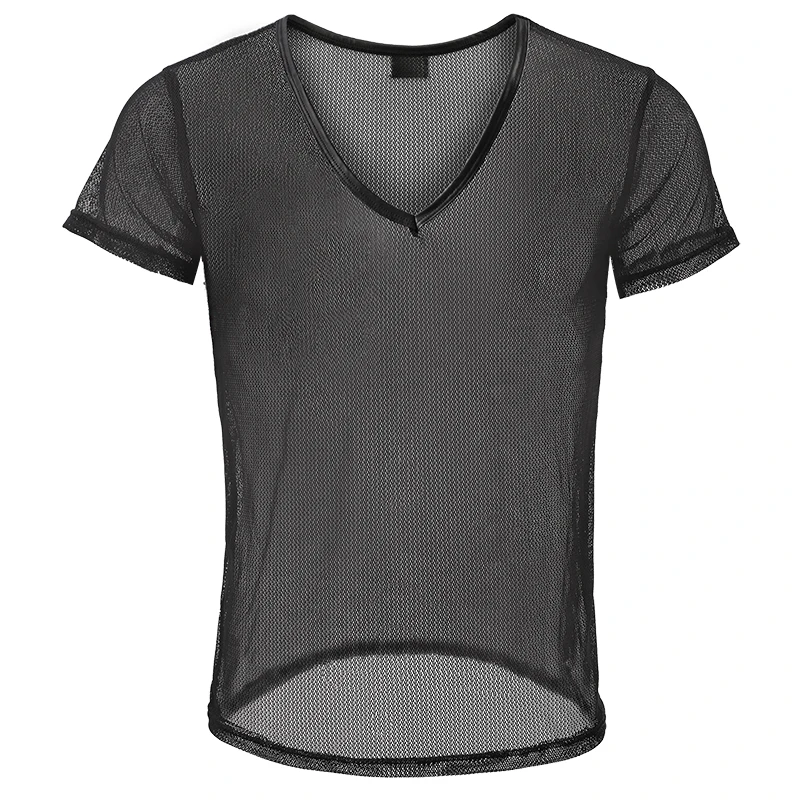 Men's Undershirt Black Mesh See Through Man Short Sleeve Cut-outs Breathable Sissy Sexy Tops V-neck Fitness Bodybuilding Shirts