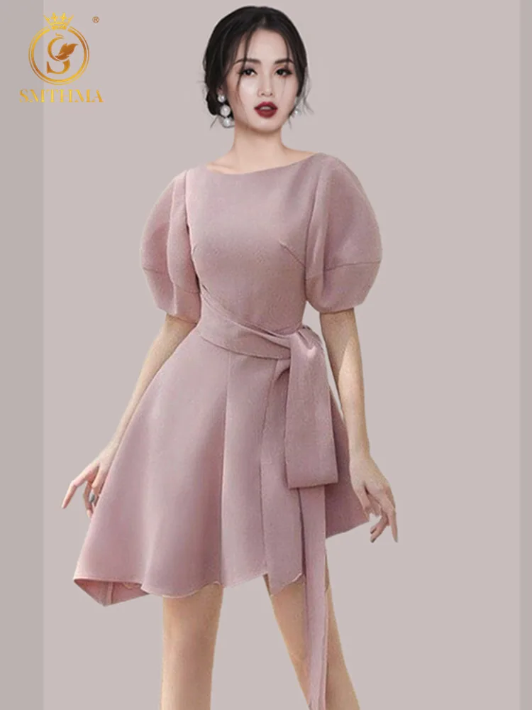 

SMTHMA 2022 Ladies Temperament Pink Purple Summer Dress Women's Puff Short Sleeve Lace Up Waist Sweet Dresses Vestidos