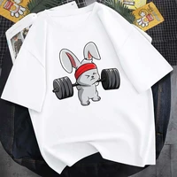 cute rabbit weightlifting printed t shirt unisex pure cotton round neck new summer short sleeve daily casual fashion top