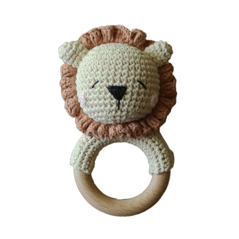 

Baby Wooden Teether Ring DIY Crochet Lion Rattle Infant Nursing Soother Molar Teething Toys for Newborn