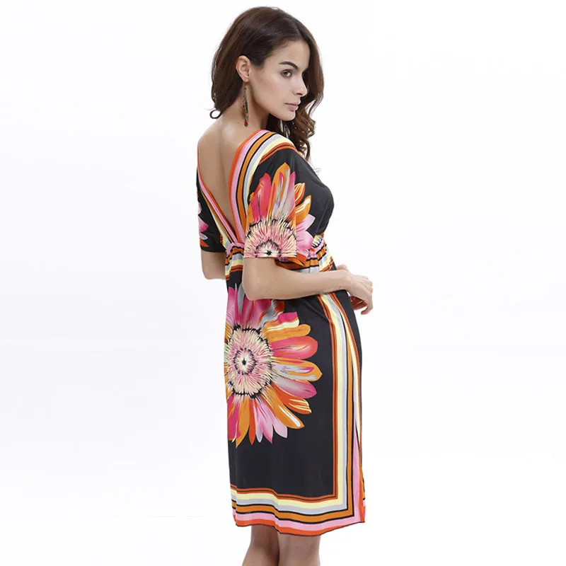 Boho Style Loose Summer Womens Sleepwear Silk Sexy Nightdress Deep V Ethnic Floral Print Tunic Nightgown Satin Short Nightwear