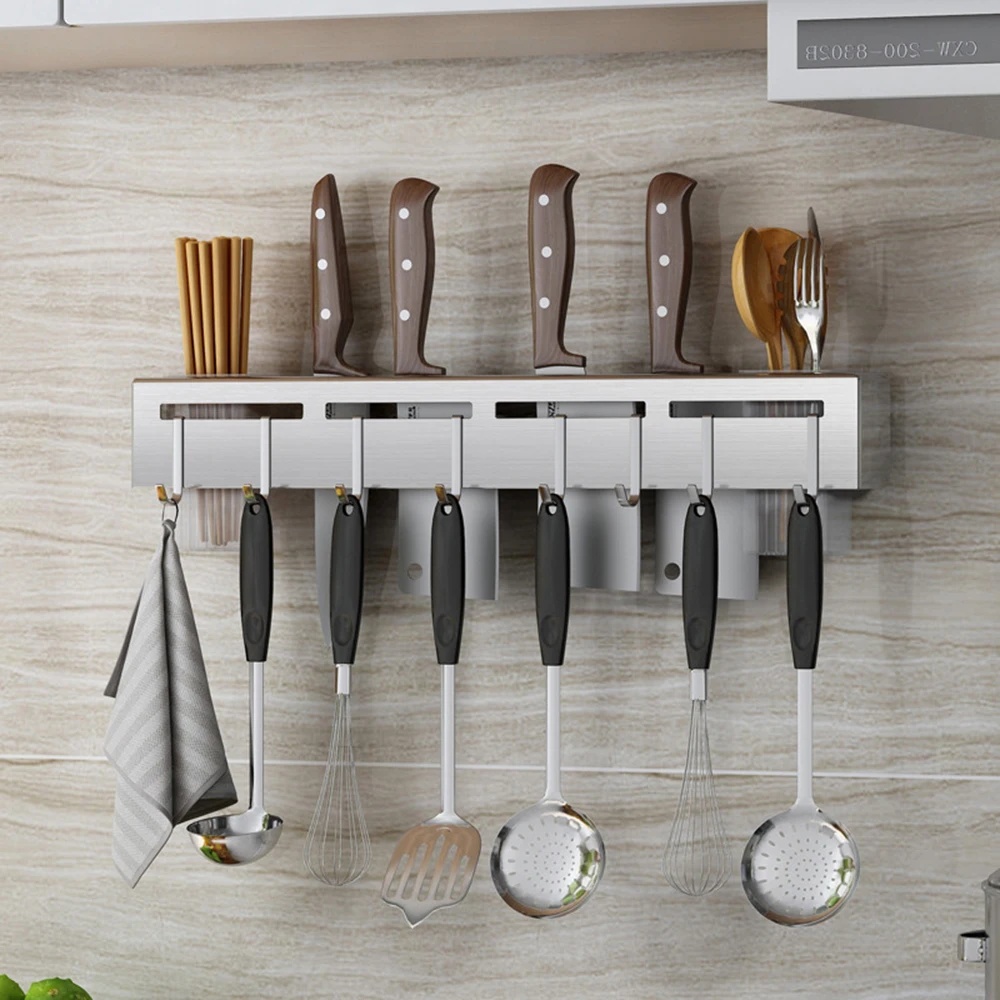 

Knife Holder Chopstick Spoon Drain Rack Wall-Mounted Kitchen Storage Rack With Kitchenware Organizer Hooks Kitchen Accessories