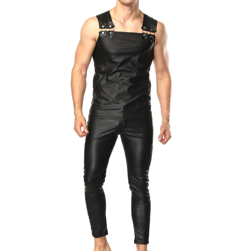 Mens Undershirts Faux Leather Tank Tops Sleeveless T-shirts Stage Vest Dance Club Skinny Pants Long Trousers Or Men Clothes Sets