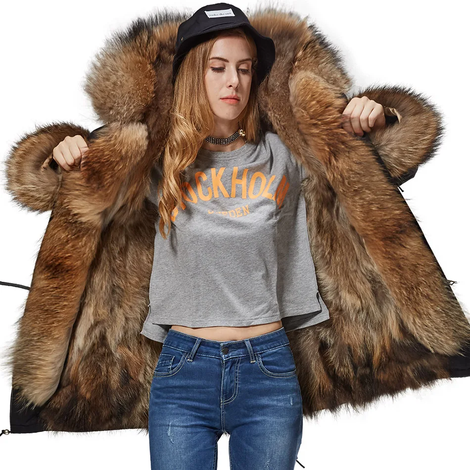 Maomaokong Natural Real Fur Lining Winter Women Jacket Long Fox Fur Coat Raccoon Fur Collar Hooded Thick Black Waterproof Parkas