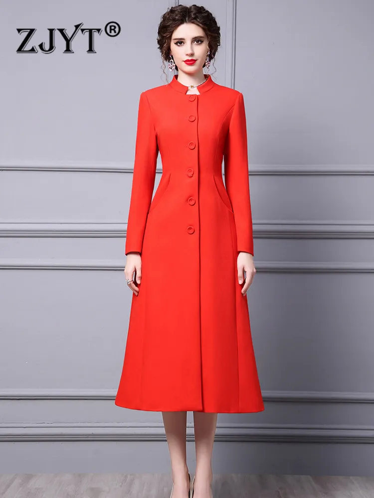 

ZJYT Runway Designer Elegant Autumn Winter Overcoat Women Stand Collar Long Trench Coat Solid Vintage Windbreaker Outerwear Lady