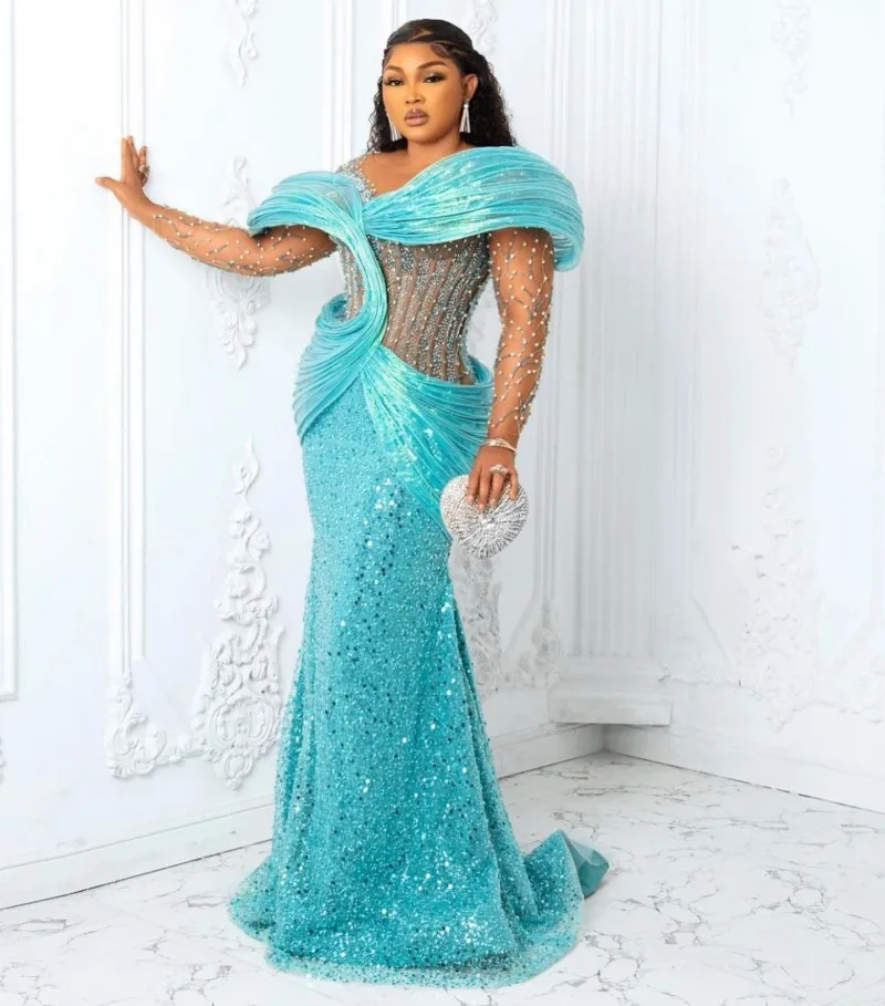 

Роскошные вечерние платья Aso Ebi с длинным рукавом, с блестками и бисером, платье-Русалка для выпускного вечера 2023, свадебное платье