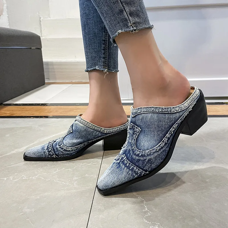 

Denim Slippers Women's New Baotou Thick Heel Outer Wear Sandals European and American Style Fashion Women's Slippers Fashion