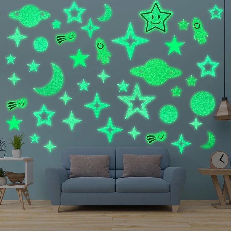 

Moon Star Dot Luminous Wall Stickers Bedroom Kids Room Home Decoration Wallpaper Glow In The Dark Fluorescent Ceiling Wall Decal