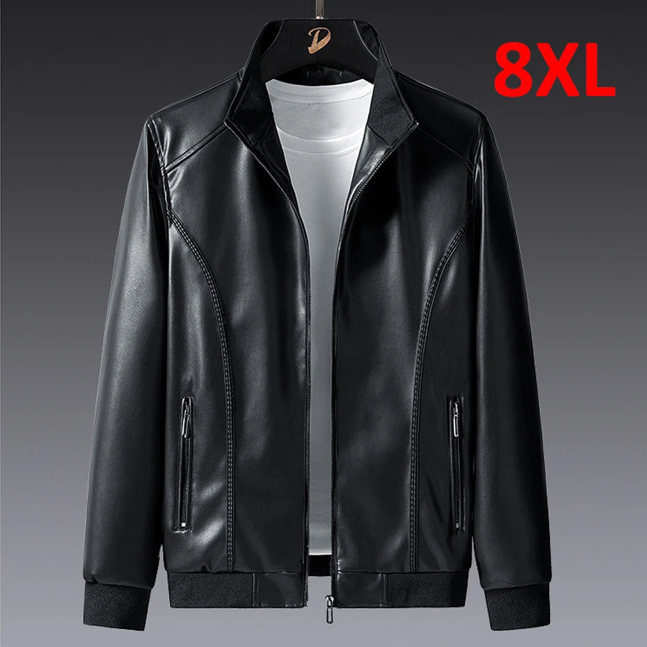 Plus Size 7XL 8XL PU Jacket Men Leather Coat Cargo Jacket Casual Motorcycle Biker Coat Solid Color Leather Jackets Male Big Size