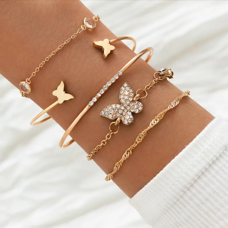 

Rhinestone Butterfly Bracelets Elegant Cuff Bangle For Women Gold Color Chain Bracelet Sets Vintage Boho Stackable Jewelry
