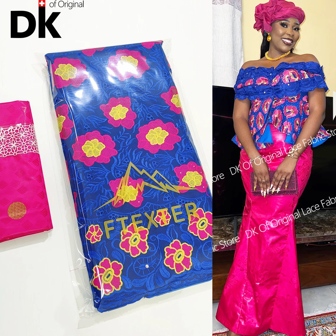 

2022 High Quality Lace 5 Yards Embroidered Austria Cotton 2022 Dubai Royal Blue African Party Dresses For Women Fabric Material