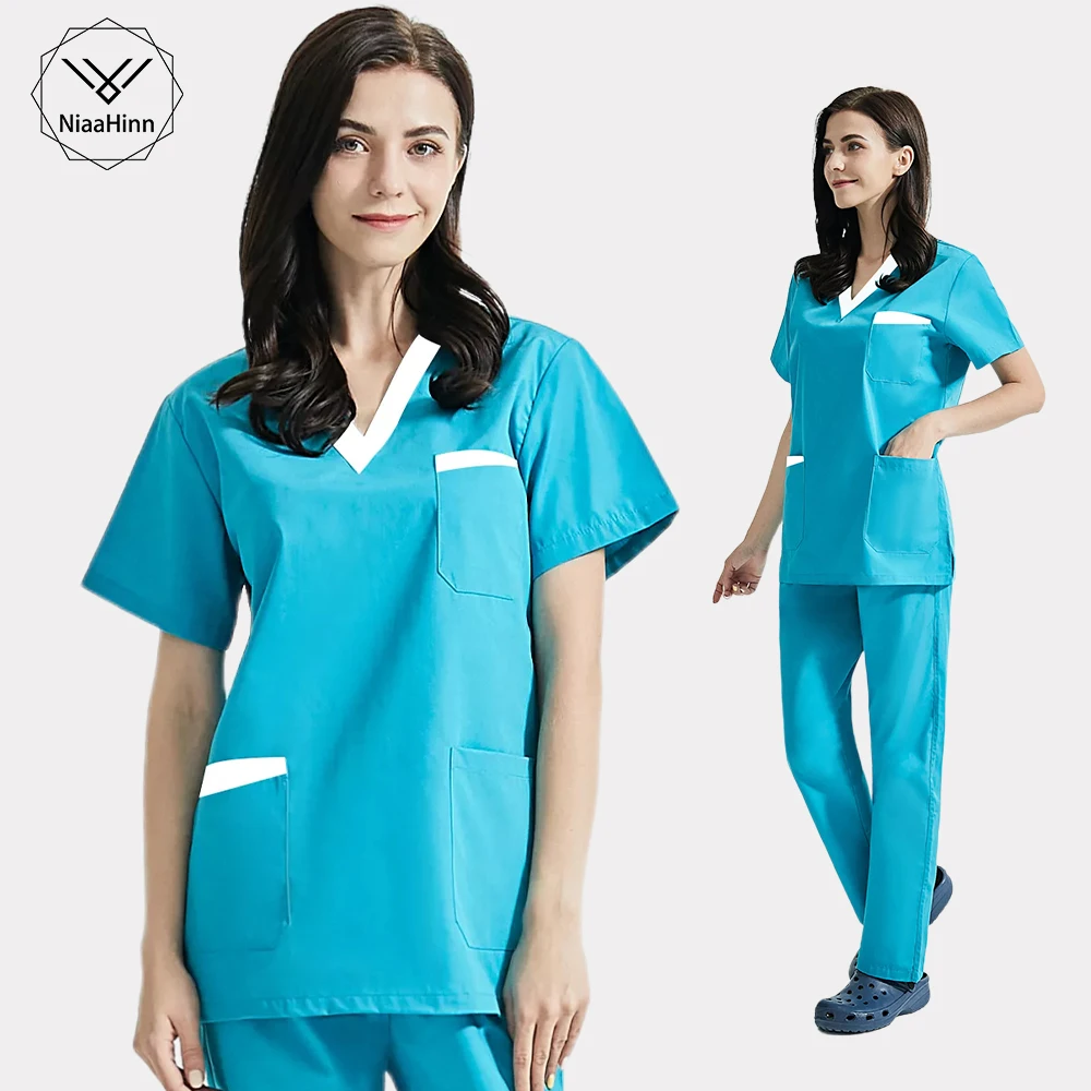 

V-neck Solid Colors Short Sleeve Pocket Nursing Working Top Pants Uniform Solid High Quality Breathable Soft Women Wear Suit