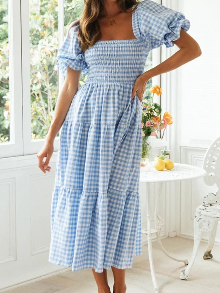 

Summer Fashion Striped Fresh Women Dress Casual Short Sleeve Square Neck Backless Hollow Dress Ladies Sweet Loose Office Dresses