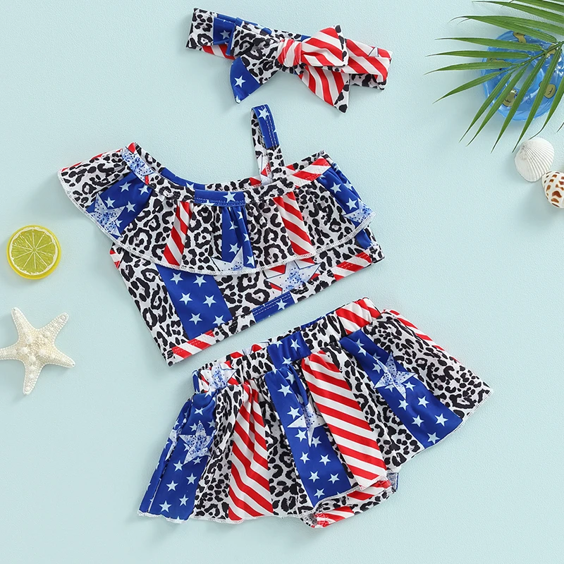 4th of July Baby Swimsuit Toddler Girls 2 Pieces Bikini Star Stripe Print Oblique Shoulder Ruffles Tops Shorts Bathing Suit