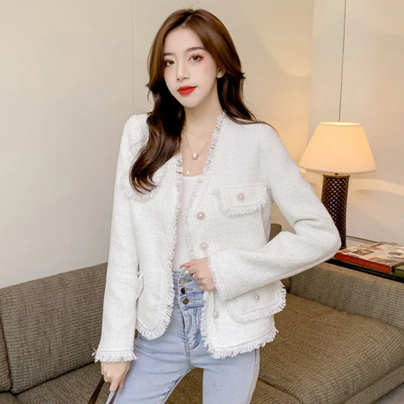 

2022 Spring New Fashion Tweed Female Tassel Coat Women Single Breasted Woolen Jacket Autumn Streetwear Outerwear Coats E119