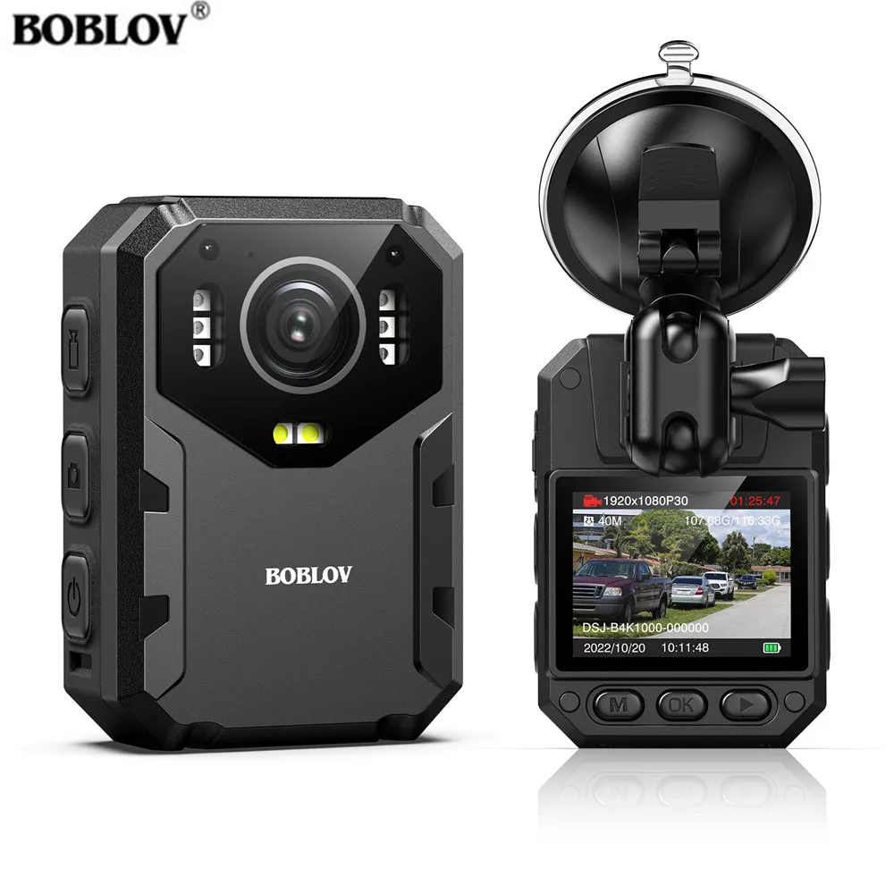 

BOBLOV B4K1 128GB 4K Body Mounted Camera GPS Cam 3100mAh Battery 12hours Shooting Red-Blue Alarm Car Suction Mount Police Camera