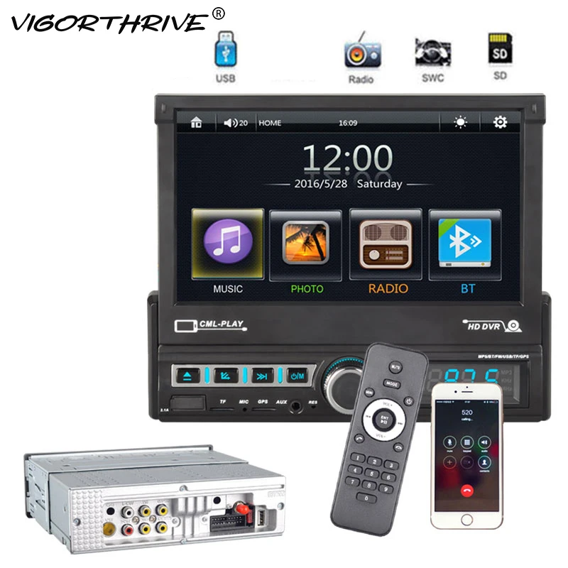 

1 DIN 7'' Touch Screen Car Radio Cassette Player Retractable GPS Navigation U Disk Playback Reversing Image Bluetooth Auto Radio