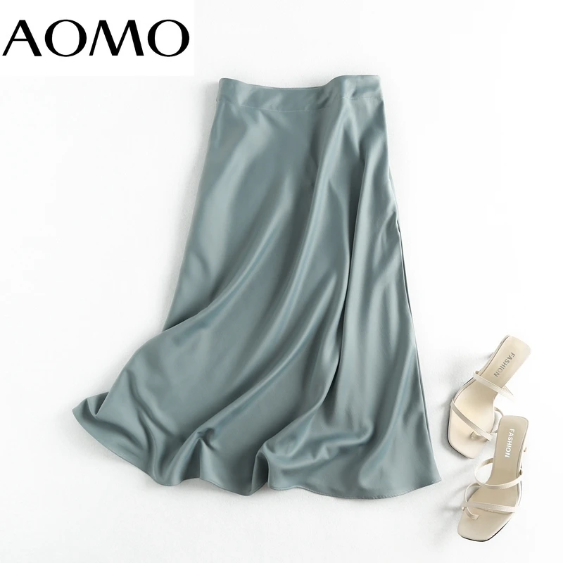 

AOMO women solid quality satin midi skirt vintage side zipper office ladies elegant chic A-line skirts 6D18A