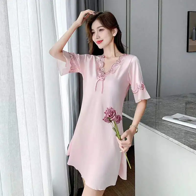 Women Ice Silk Sleepwear Nightdress Homewear Nightwear Pyjamas Female Lace Sleepwear V-neck Nightgown Ladies Pajamas Plus Size