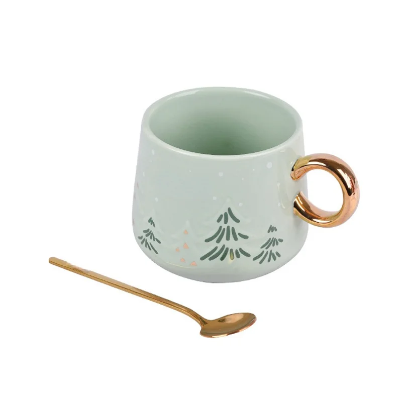 

Christmas Tree Ceramic Mug with Spoon Cute Light Luxury Girl Coffee Cup