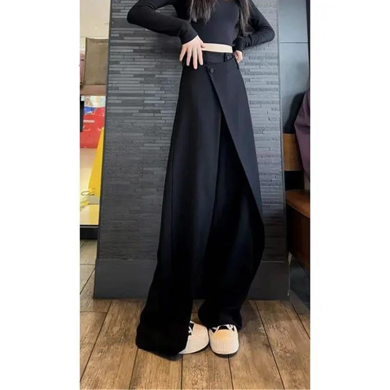 

Deeptown Gray Formal Suit Pants Women Japanese Patchwork Elegant Palazzo Oversized Wide Fluid Trousers Vintage Casual Fashion