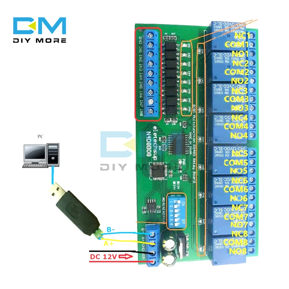 

Релейный модуль с изолированным входом и 8 выходами постоянного тока 12 В 24 В 8 дюймов DIN35 C45, Релейный Модуль UART RS485, плата переключателя управл...