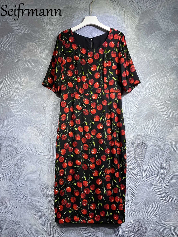 

Женское модельное платье-карандаш Seifrmann, летнее лоскутное платье миди из натурального шелка с коротким рукавом и принтом вишни